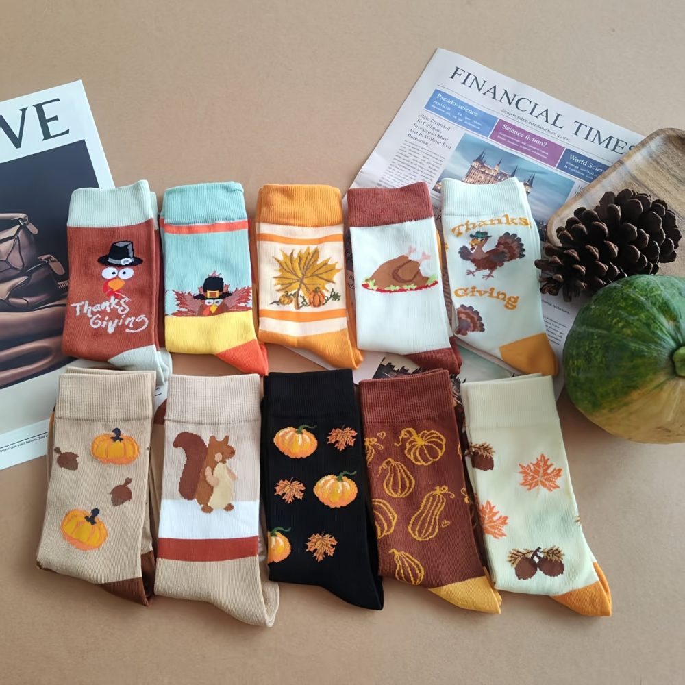 10 Pairs/5 Pairs Halloween Thanksgiving Turkey Pumpkin Socks - Unisex Mid-Calf Socks with Festive Animal & Food Patterns (Pumpkins, Turkeys, Pine Trees) - Soft Breathable Polyester for Men & Women - Perfect Gift for Halloween & Thanksgiving, Holiday Socks | Playful Holiday Design | Durable Socks, Halloween Decorations - Image 4