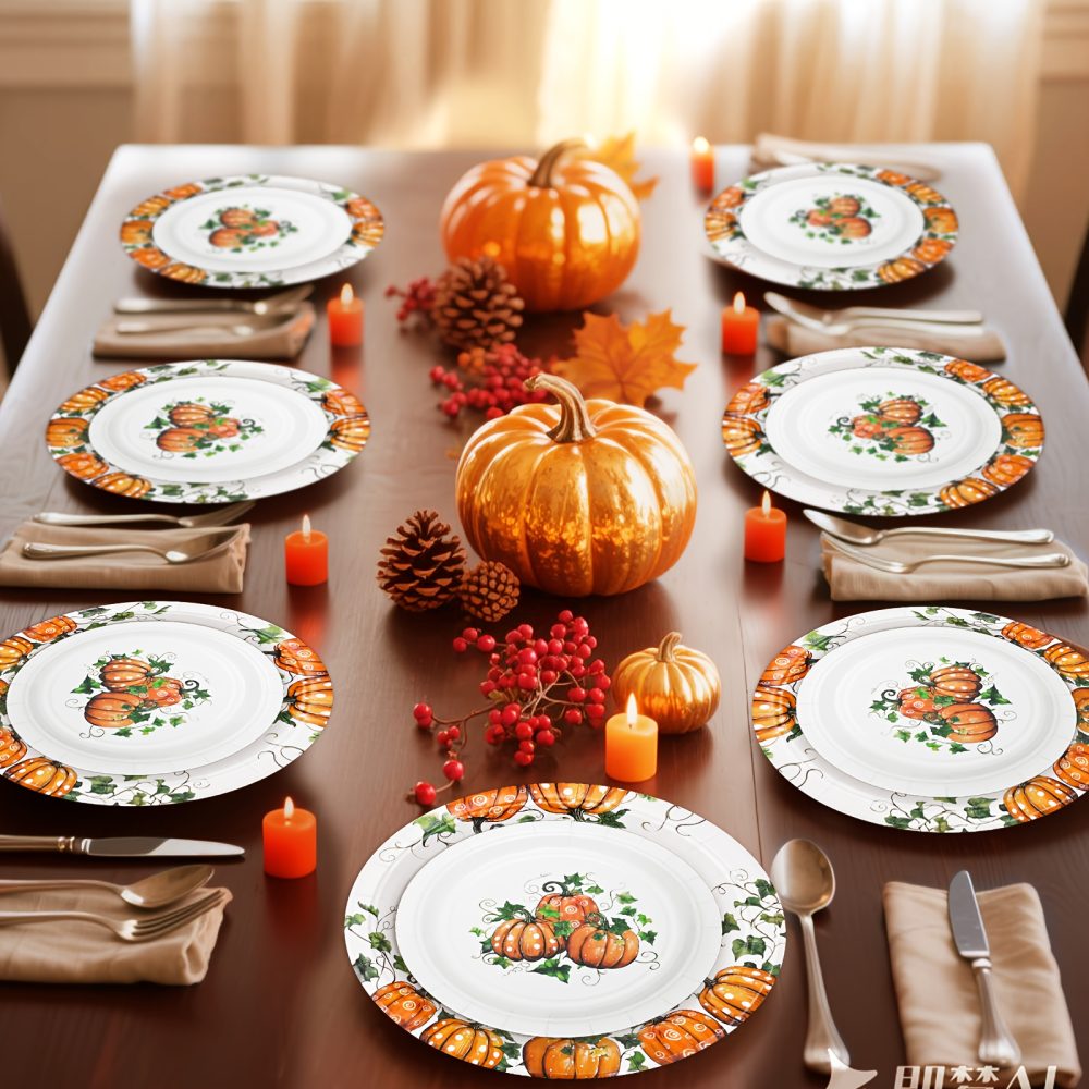 Fall Pumpkin Thanksgiving Autumn Harvest Party Disposable Tableware(60/180/300pcs), Christmas, For Wedding Birthday Celebration, Holiday Party Cartoon Vintage Decoration Set (7in Dessert Plates+9in Dinner Plates+napkins). - Image 10