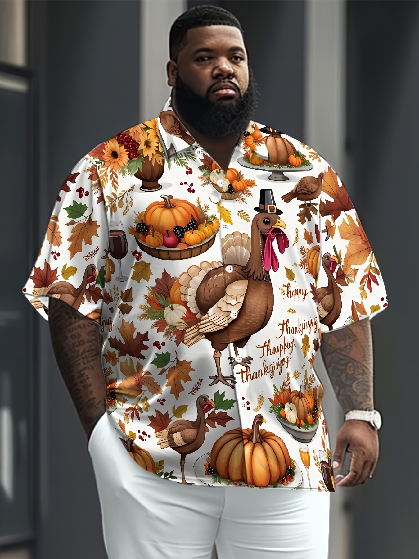 Men's Plus Size Turkey Pumpkin Maple Leaf Thanksgiving Print Short Sleeve Shirt, Vintage and Festive, Holiday Celebration Apparel, Casual Casual Attire, Suitable for Thanksgiving Theme Party Outfits, Machine Washable and Giftable, PLUS SIZE, Festive