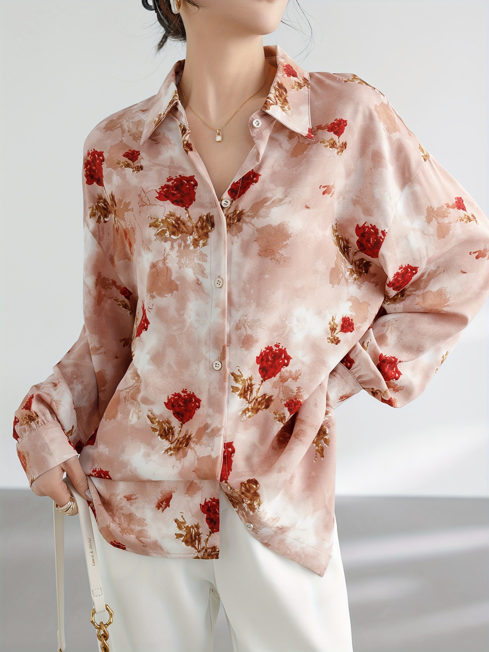 Pink Floral Loose Chiffon Shirt Women'S Temperament Retro Casual Commuter Thin Shirt Button Lapel Long Sleeve Top - Image 4