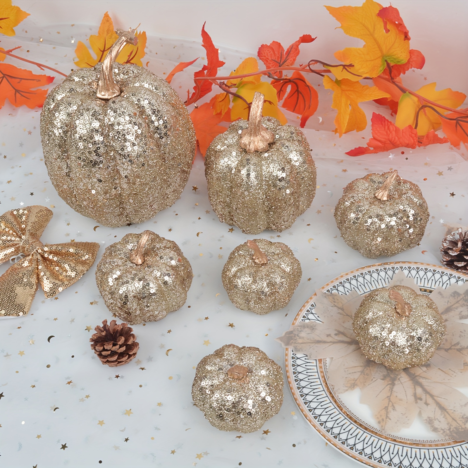 4pcs of Shiny Champagne-Colored Artificial Pumpkins - Multi-Sized Indoor Thanksgiving Decorations, Suitable for Placement on Fireplace Stands And Tabletop Centers, Perfect for Festive Occasions, Essential for Halloween And Christmas Celebrations - Image 9