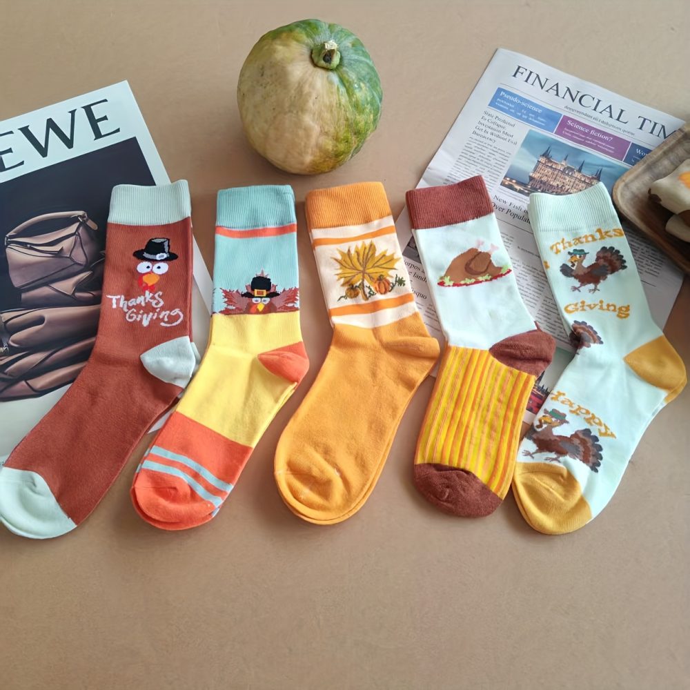 10 Pairs/5 Pairs Halloween Thanksgiving Turkey Pumpkin Socks - Unisex Mid-Calf Socks with Festive Animal & Food Patterns (Pumpkins, Turkeys, Pine Trees) - Soft Breathable Polyester for Men & Women - Perfect Gift for Halloween & Thanksgiving, Holiday Socks | Playful Holiday Design | Durable Socks, Halloween Decorations - Image 2