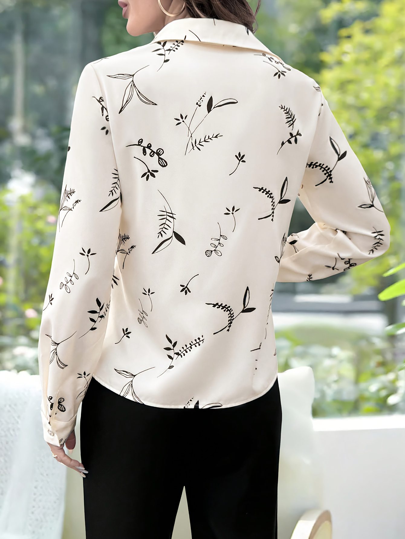 Women's Elegant Casual Floral Print Long-Sleeve Shirt with Collar - Mustard-Yellow & Brown Leaf Pattern, All-Season Versatile Blouse for Office, Semi-Formal & Casual Attire, Machine Washable Non-Stretch Fabric - Image 8