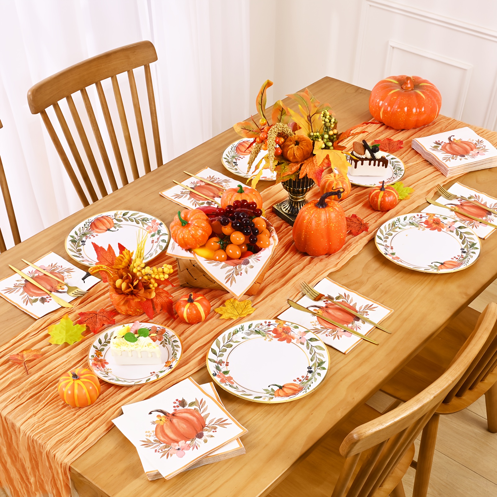 60/180/300pcs Elegant Watercolor Pumpkin Wreath Fall Tableware Set - Autumn Harvest Plates & Napkins in Orange, Brown, Green, Pink, Beige - Bulk Disposable Dinnerware for Thanksgiving, Halloween, Christmas, Weddings, Birthdays, Minimalist Party Decorations (7in & 9in Plates) - Easy Cleanup, Versatile for Casual & Formal Events - Image 4