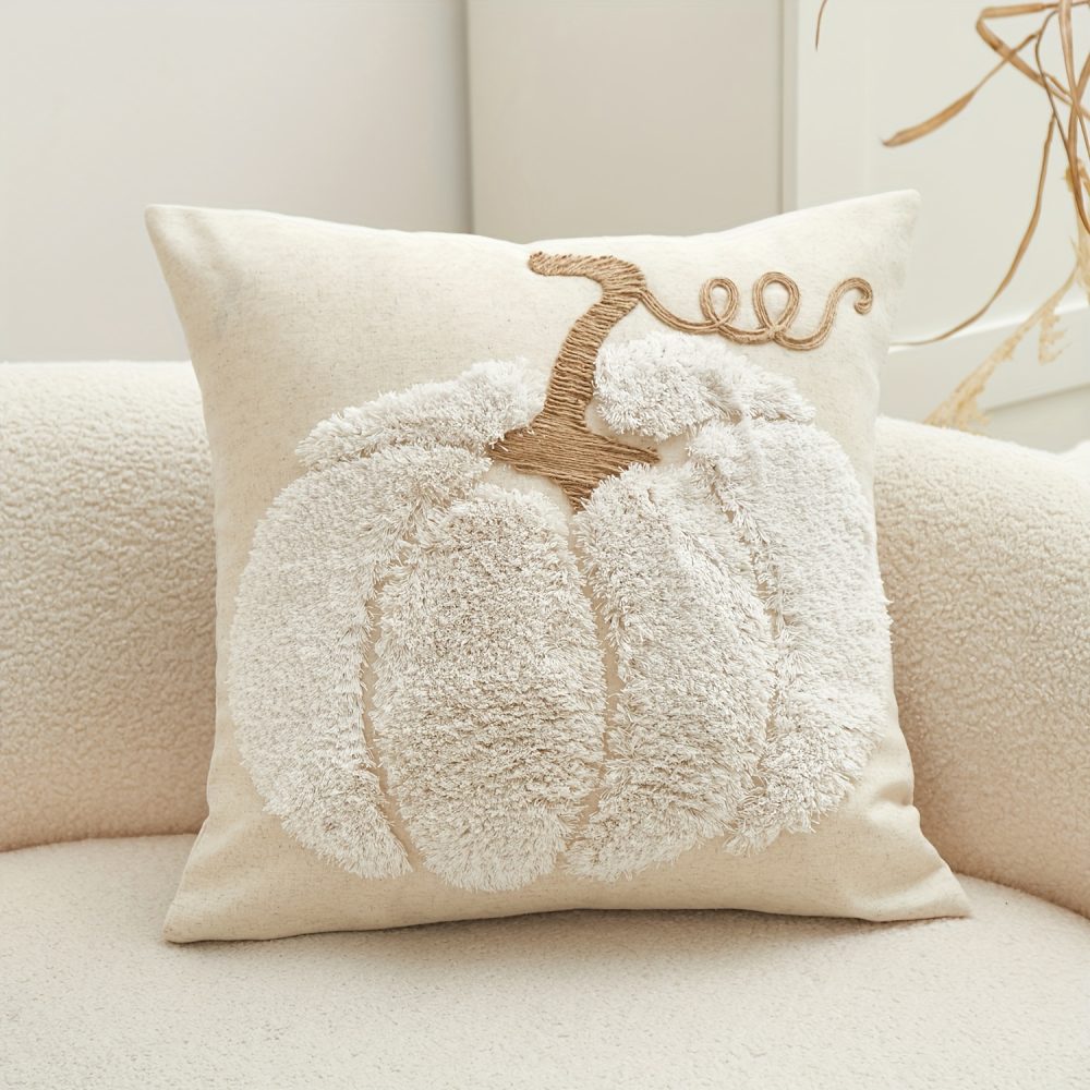 Traditional Pumpkin Embroidery Chenille Throw Pillow Cover, Thanksgiving Decorative Cushion Case with Zipper, Spot-Clean Only, Woven Polyester & Linen Blend, Fits Various Room Types - 1pc - Image 6