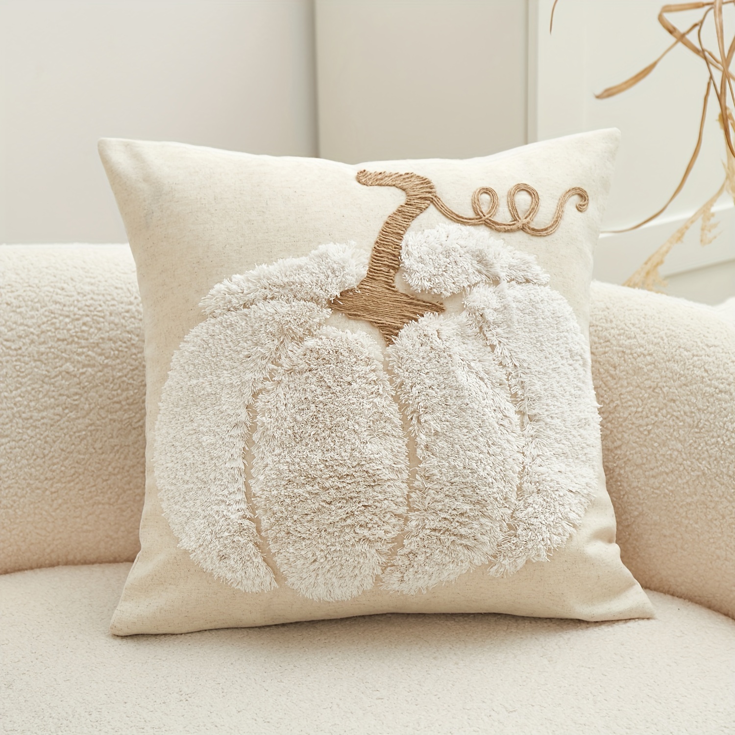 Traditional Pumpkin Embroidery Chenille Throw Pillow Cover, Thanksgiving Decorative Cushion Case with Zipper, Spot-Clean Only, Woven Polyester & Linen Blend, Fits Various Room Types - 1pc - Image 6