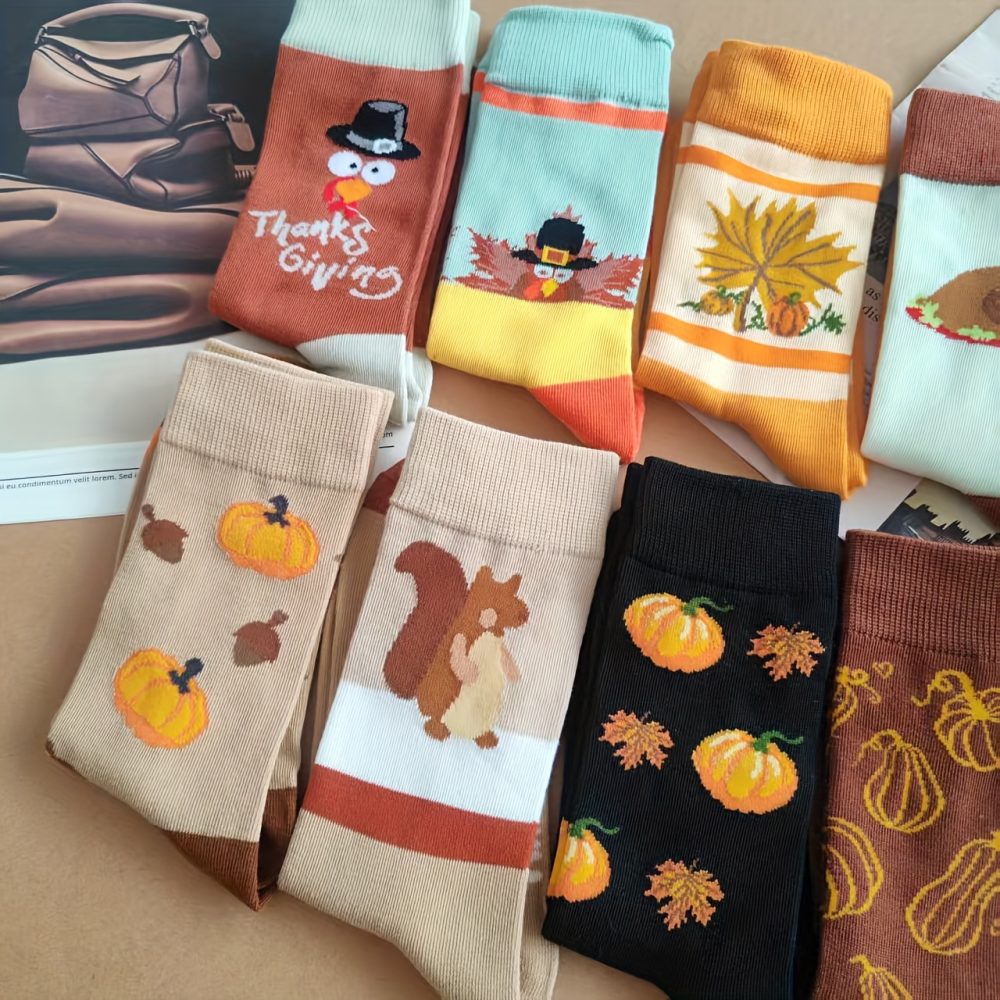 10 Pairs/5 Pairs Halloween Thanksgiving Turkey Pumpkin Socks - Unisex Mid-Calf Socks with Festive Animal & Food Patterns (Pumpkins, Turkeys, Pine Trees) - Soft Breathable Polyester for Men & Women - Perfect Gift for Halloween & Thanksgiving, Holiday Socks | Playful Holiday Design | Durable Socks, Halloween Decorations - Image 7