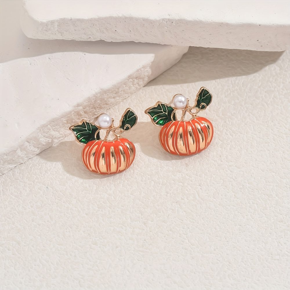 Pair of Chic Pumpkin Stud Earrings with Pearl Accents - Vintage & Elegant Style, Zinc Alloy, Ideal for Daily Wear or Parties, Great Gift for Friends, Party Accessory|Playful Design|Goldtone Finish - Image 3