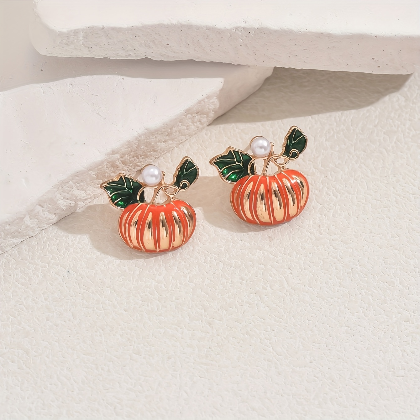 Pair of Chic Pumpkin Stud Earrings with Pearl Accents - Vintage & Elegant Style, Zinc Alloy, Ideal for Daily Wear or Parties, Great Gift for Friends, Party Accessory|Playful Design|Goldtone Finish - Image 3