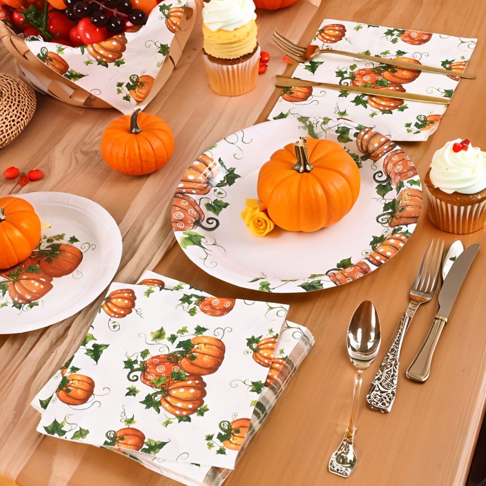 Fall Pumpkin Thanksgiving Autumn Harvest Party Disposable Tableware(60/180/300pcs), Christmas, For Wedding Birthday Celebration, Holiday Party Cartoon Vintage Decoration Set (7in Dessert Plates+9in Dinner Plates+napkins). - Image 2