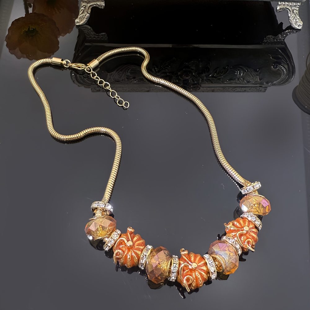 1pc Vintage-Inspired Enamel Pumpkin Beaded Necklace - 18K Golden Plated, Orange & White Glass Beads, Perfect for Thanksgiving & Holiday Parties, Ideal Gift for Women, Festive Accessory|Vintageinspired Design|Zinc Alloy Necklace - Image 3