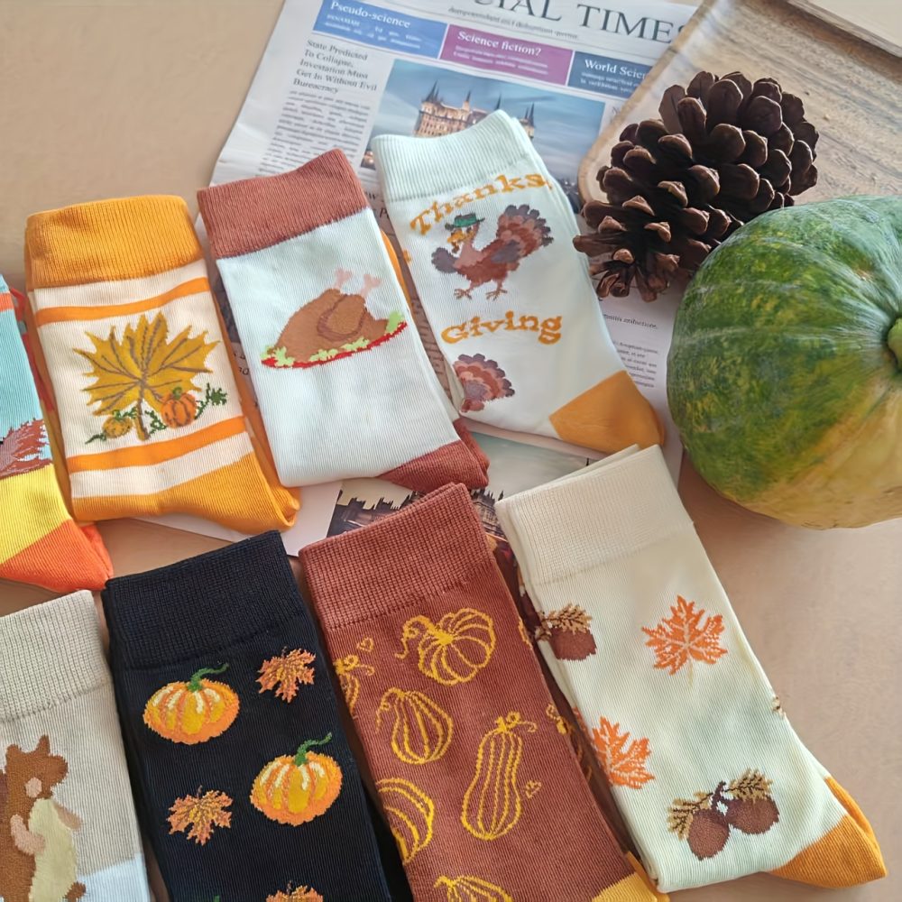 10 Pairs/5 Pairs Halloween Thanksgiving Turkey Pumpkin Socks - Unisex Mid-Calf Socks with Festive Animal & Food Patterns (Pumpkins, Turkeys, Pine Trees) - Soft Breathable Polyester for Men & Women - Perfect Gift for Halloween & Thanksgiving, Holiday Socks | Playful Holiday Design | Durable Socks, Halloween Decorations - Image 6