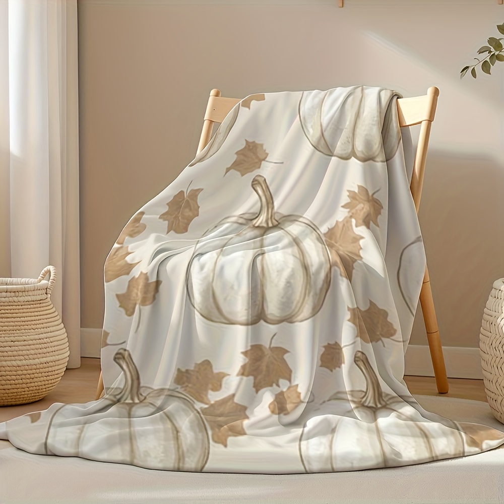 1pc All-Season Soft Flannel Blanket - Beige, White, Brown & Golden Autumn Pumpkin & Leaf Print, Cozy Bedspread or Sofa Throw, Machine Washable Bedding for Fall Home Decor, Thanksgiving & Halloween Decorations, Contemporary Vintage Style Bed Cover, Warm Beige & Brown Tones, Plush Texture, Geometric Pattern, All-Season Use, Cozy Home Accessory, Perfect for Couch or Bed, Quilted Blanket, Blanket Gift, Blanket Flannel, Cartoon Blanket - Image 4