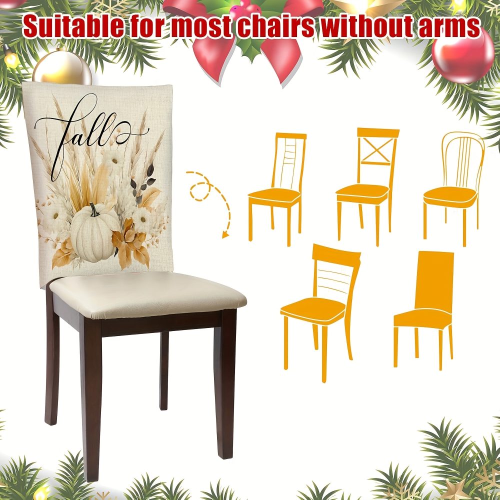 4pcs Fall Chair Covers - Watercolor Wheat Ears & Pumpkin Design, Machine Washable Linen, Contemporary Style for Home & Bedroom Decor, Autumn-Themed Holiday Chair Covers with "Thanksgiving" & "Fall" Text, Chair Covers for Living Room, Chair Cover For Dining Chair, Stretch Chair Cover, Office Chair Cover - Image 3