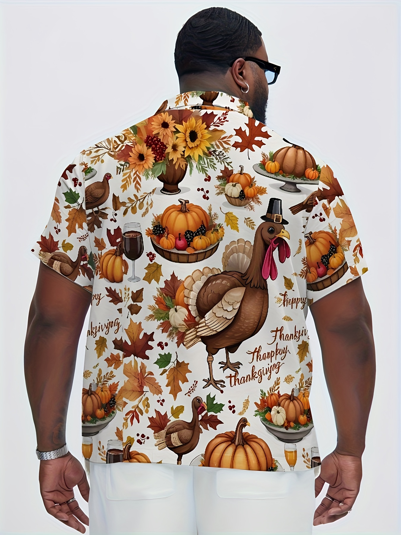 Men's Plus Size Turkey Pumpkin Maple Leaf Thanksgiving Print Short Sleeve Shirt, Vintage and Festive, Holiday Celebration Apparel, Casual Casual Attire, Suitable for Thanksgiving Theme Party Outfits, Machine Washable and Giftable, PLUS SIZE, Festive - Image 2