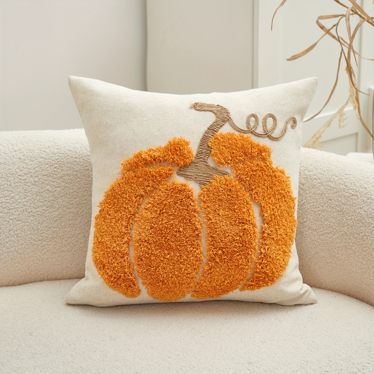 Traditional Pumpkin Embroidery Chenille Throw Pillow Cover, Thanksgiving Decorative Cushion Case with Zipper, Spot-Clean Only, Woven Polyester & Linen Blend, Fits Various Room Types - 1pc - Image 7