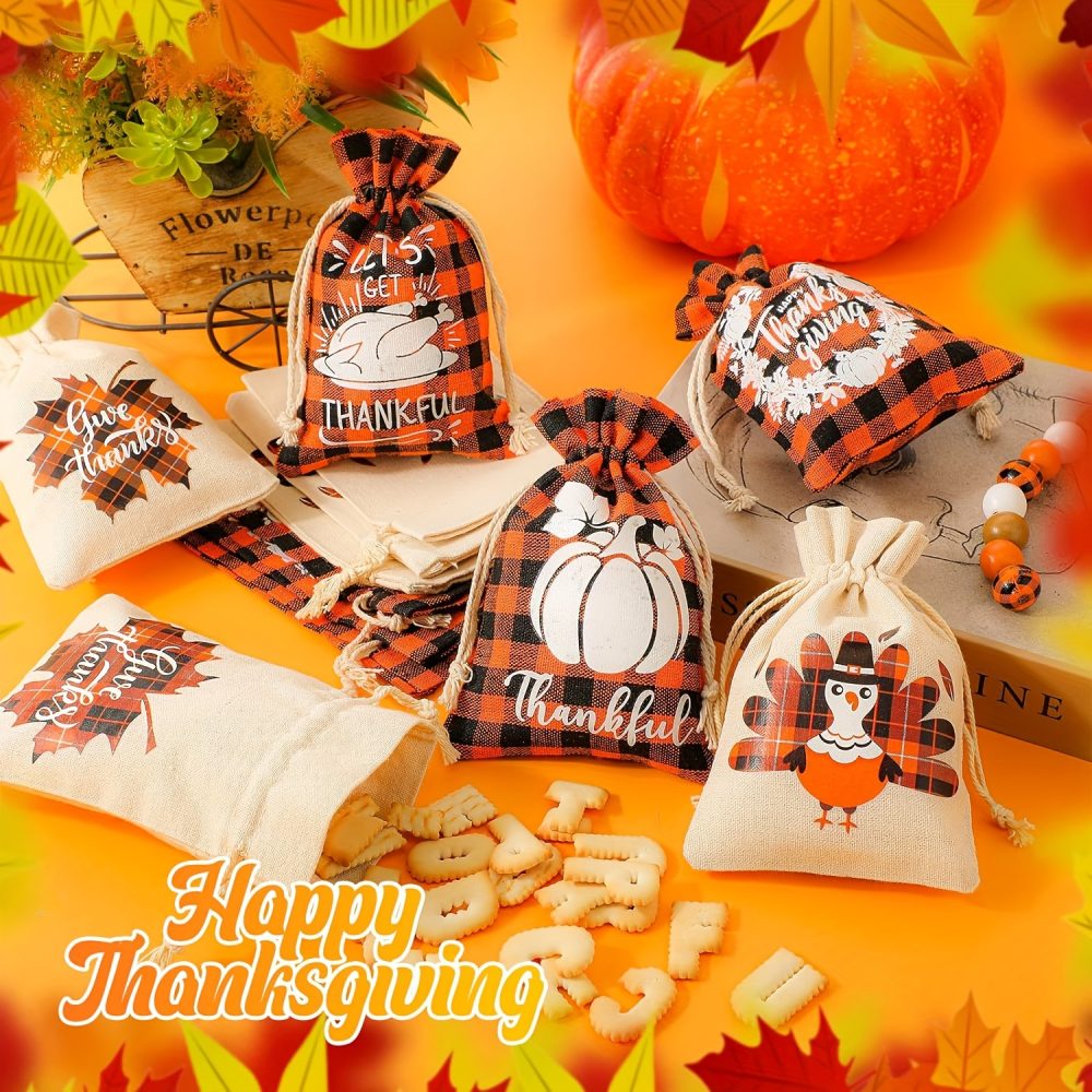 [Autumn Hemp Bags] 18pcs Autumn Hemp Bags, Orange And White Checkered Satin Ribbon Drawstring Bags, Christmas Pumpkin Maple Leaf Linen Jute Gift Bags, Jewelry Bags, Valentine's Day,St. Patrick's Day,Easter,Thanksgiving Day Drawstring Bags Party Favors - Image 4