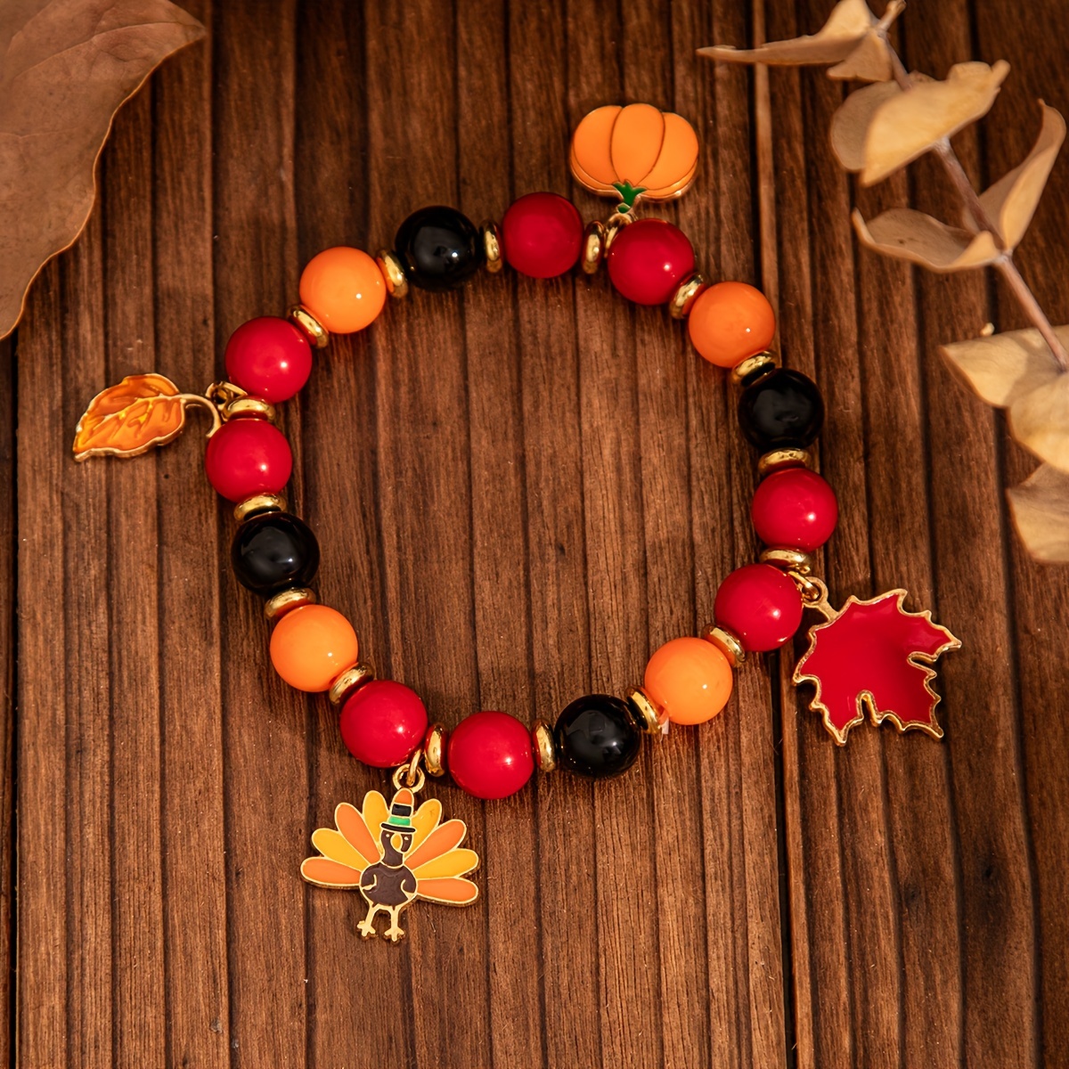 Elegant Vintage-Inspired Maple Leaf & Pumpkin Beaded Bracelet - Perfect Thanksgiving Gift for Her - Image 7