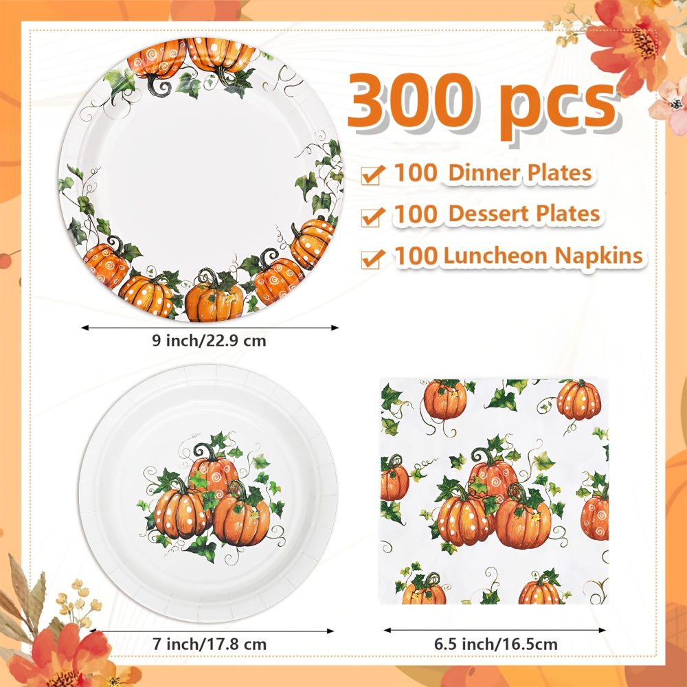 Fall Pumpkin Thanksgiving Autumn Harvest Party Disposable Tableware(60/180/300pcs), Christmas, For Wedding Birthday Celebration, Holiday Party Cartoon Vintage Decoration Set (7in Dessert Plates+9in Dinner Plates+napkins). - Image 8