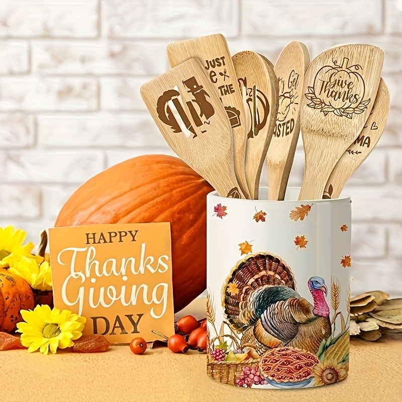 6pcs Thanksgiving Bamboo Cooking Utensil Set with Ceramic Holder - Engraved Spoons & Spatulas, Fall Kitchen Decor with Turkey Design, Holiday Gift Set for Thanksgiving - Image 2
