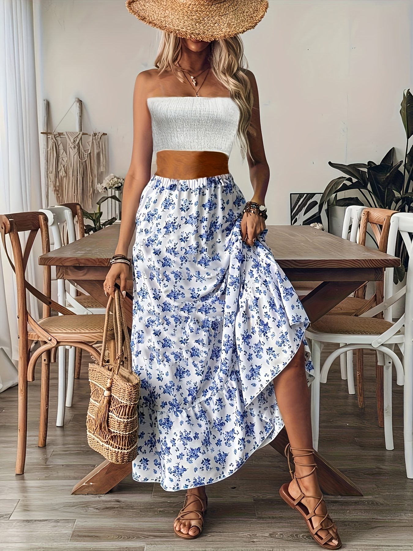 Women'S Elegant Floral Print Maxi Skirt - Blue & White Beach Vacation Skirt with Elastic Waist, Flowy Long Length, Machine Washable for Spring/Summer Casual Outfits, Summer Beachwear | Nontransparent Fabric - Image 5