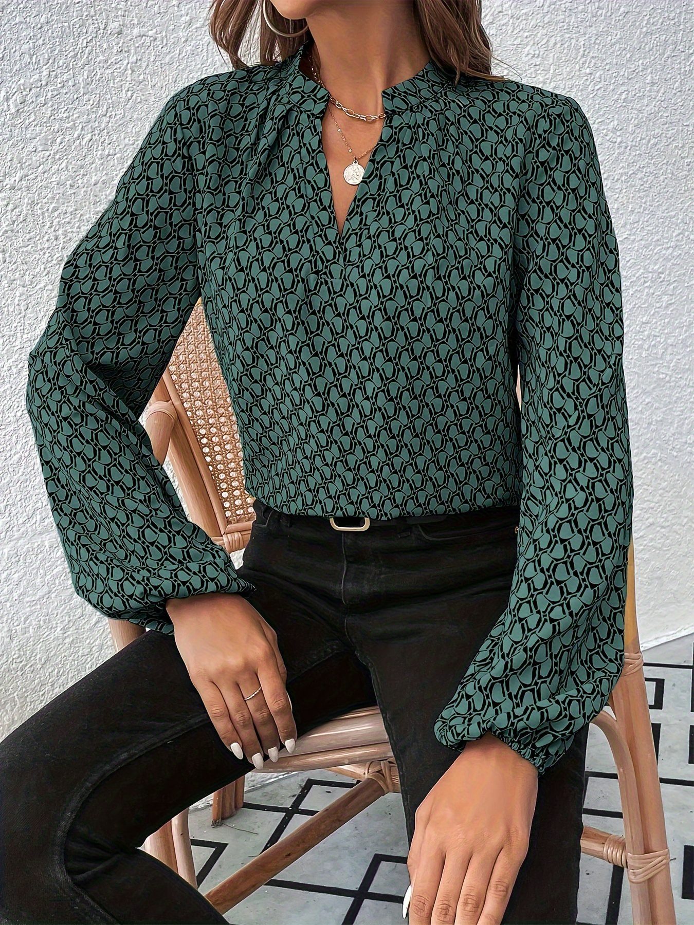 Women'S French-Inspired Geometric Print Long Sleeve Shirt - Elegant Stand-Up Collar Blouse with Single-Button Closure, Machine Washable Regular Fit for All Seasons, Casual Chic Top, Sophisticated Casual Wear, Nontransparent Fabric - Image 5
