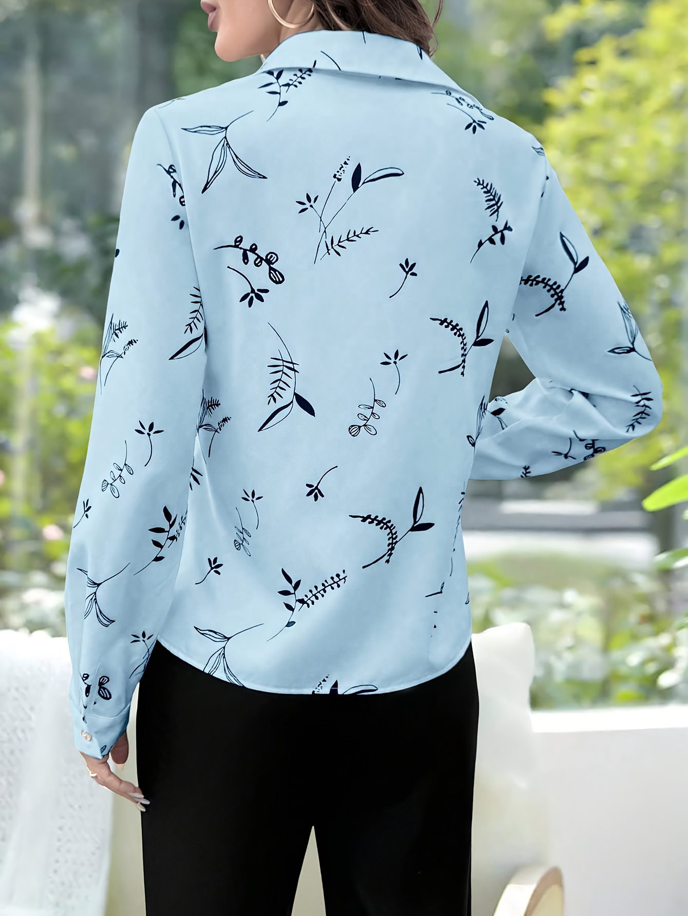 Women's Elegant Casual Floral Print Long-Sleeve Shirt with Collar - Mustard-Yellow & Brown Leaf Pattern, All-Season Versatile Blouse for Office, Semi-Formal & Casual Attire, Machine Washable Non-Stretch Fabric - Image 6