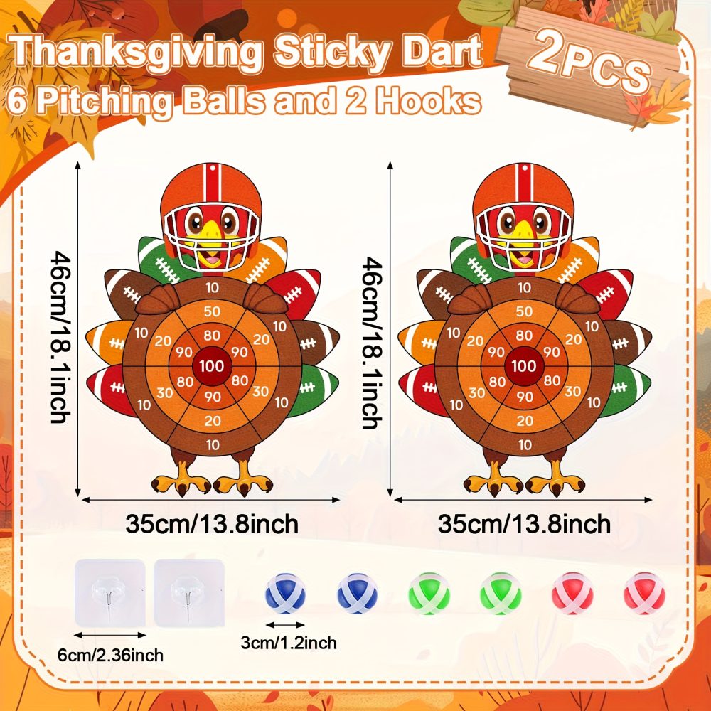 2pcs Thanksgiving Turkey Dart Board Game Set with 6 Sticky Balls & 2 Hooks - Party Game with Numbered Scoring Zones, Indoor/Outdoor Family Party Game for Adults &, Fall Turkey Bowl Party Decorations, Durable Fabric Board with Hanging Hooks for Easy - Image 3