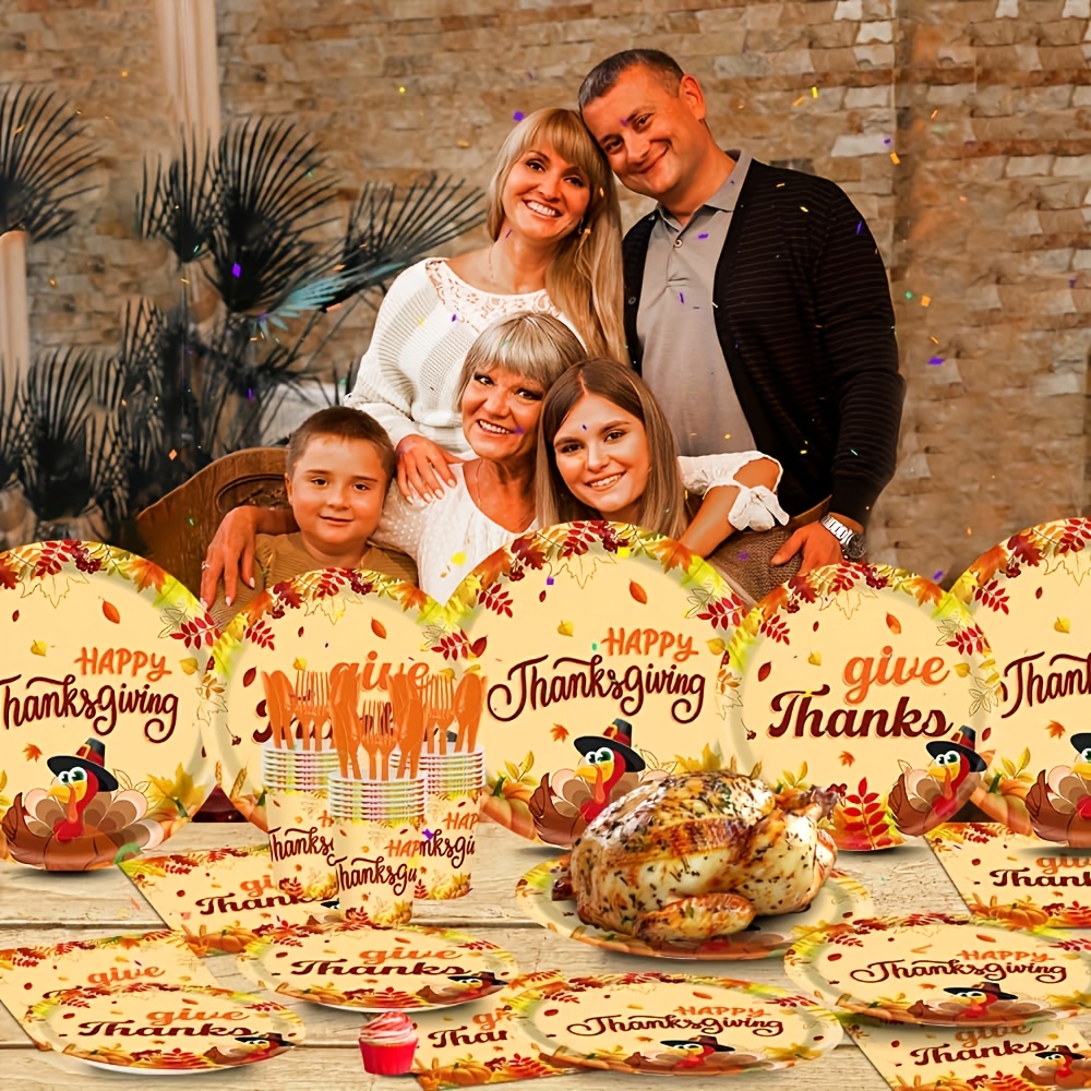 192pcs Thanksgiving Party Plates And Napkins Autumn Harvest Tableware Set Thanksgiving Disposable Plates Pumpkin Maple Leaves Paper Plates Napkins Forks Set for 24 Guests - Image 7