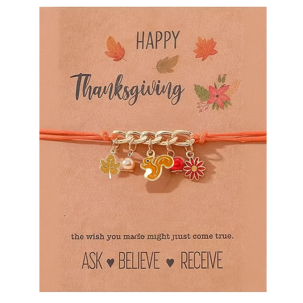 Thanksgiving holiday blessing maple leaf bracelet, cute squirrel honey pot pumpkin pendant bracelet, hand-made greeting card with blessing words, is a gift to celebrate the holiday, for favorite family and friends sisters, Sentimental Keepsake, Festive Jewelry, Whimsical Design, Pumpkin Charm, Detailed Pendant, Durable Charm, Charm Bracelet, Greeting Card Jewelry, Holiday Shoppers, Sisters Jewelry, for Teenager