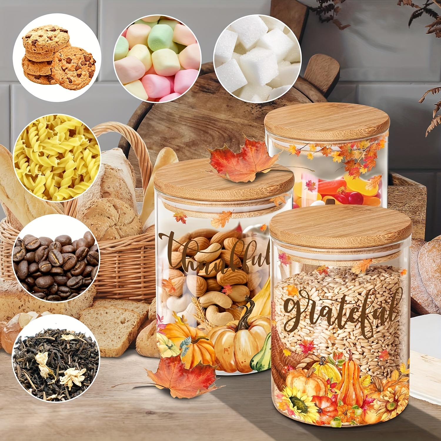 Set of 3 Thanksgiving Glass Storage Jars with Lids - Farmhouse Canisters with Turkey, Pumpkin & Autumn Leaf Patterns, Airtight Snap-Fit Lids, Clear Glass Containers for Fall Kitchen Decor, Pantry Organization, Seasonal Harvest Table Setting - Reusab - Image 5