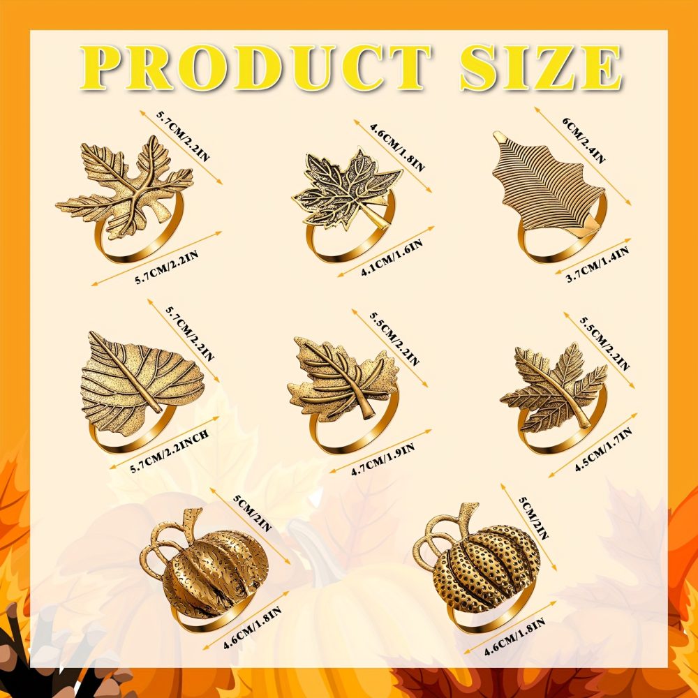 [Thanksgiving Napkin Rings] 12pcs Thanksgiving Napkin Rings Set | Pumpkin Themed, Fall Leaf Design, Alloy Holders for Halloween, Home Party, Table Decor, Wedding Supplies (Classic, Golden) - Image 3