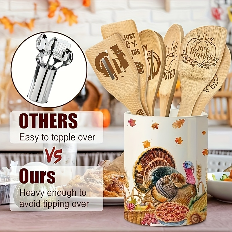 6pcs Thanksgiving Bamboo Cooking Utensil Set with Ceramic Holder - Engraved Spoons & Spatulas, Fall Kitchen Decor with Turkey Design, Holiday Gift Set for Thanksgiving - Image 4