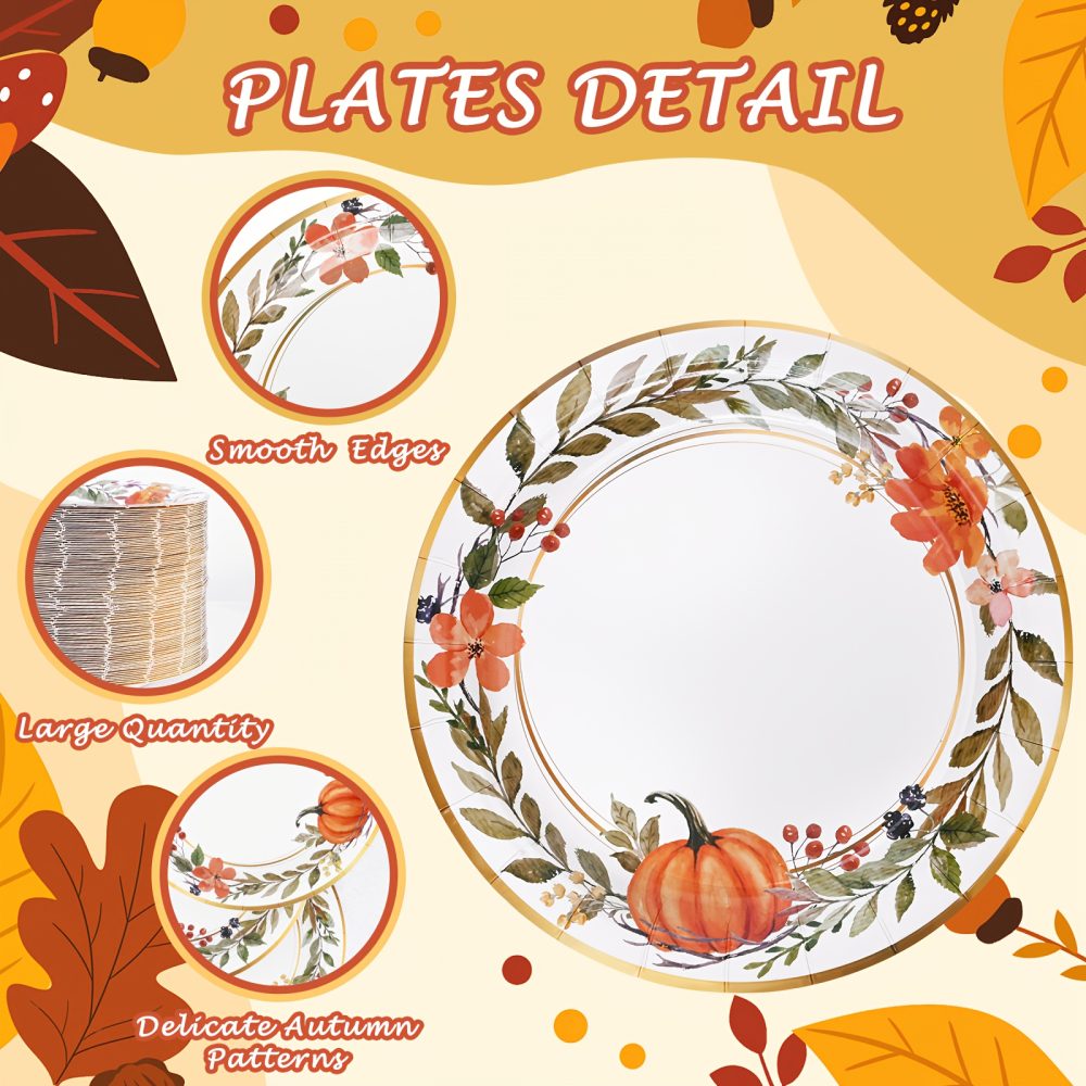 60/180/300pcs Elegant Watercolor Pumpkin Wreath Fall Tableware Set - Autumn Harvest Plates & Napkins in Orange, Brown, Green, Pink, Beige - Bulk Disposable Dinnerware for Thanksgiving, Halloween, Christmas, Weddings, Birthdays, Minimalist Party Decorations (7in & 9in Plates) - Easy Cleanup, Versatile for Casual & Formal Events - Image 3