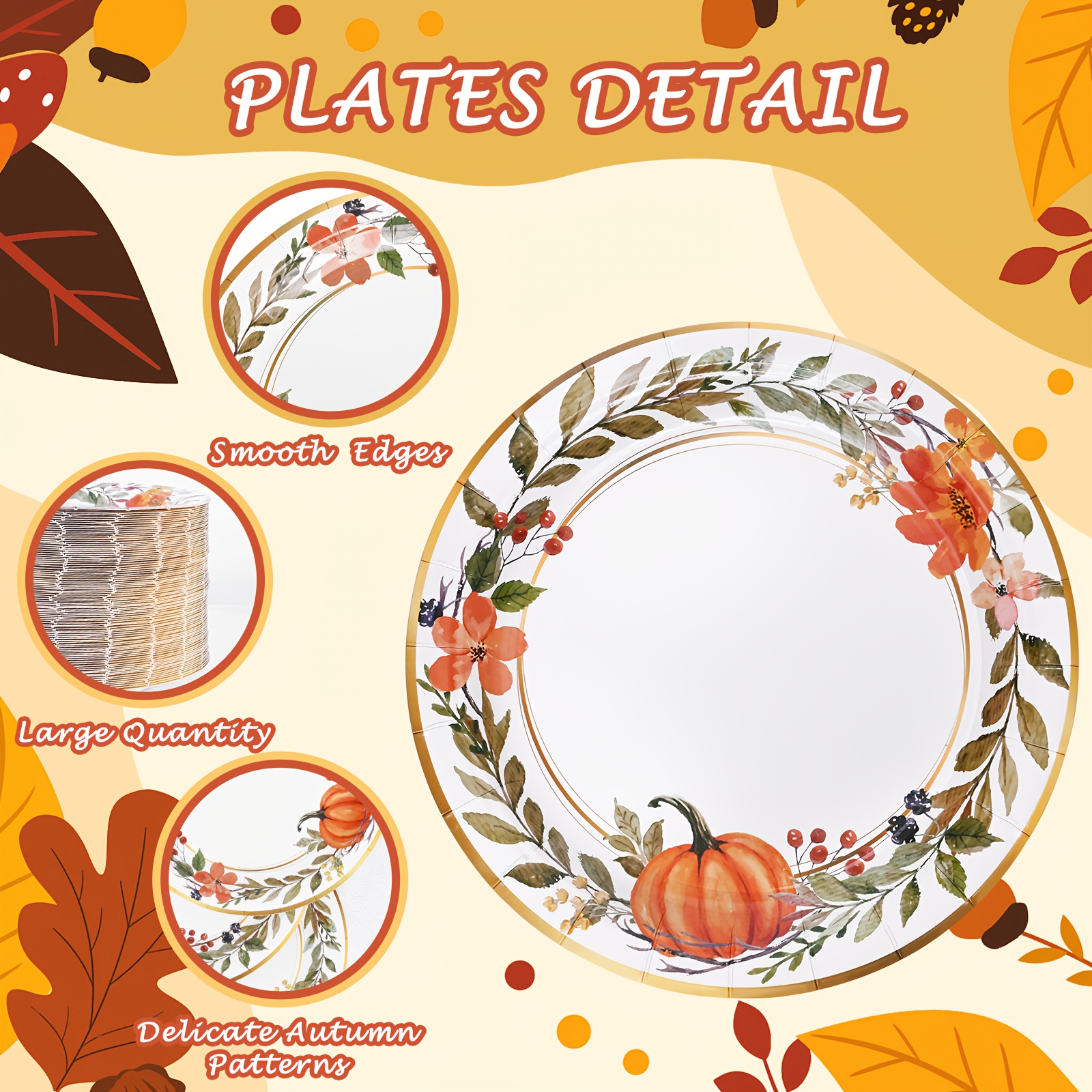 60/180/300pcs Elegant Watercolor Pumpkin Wreath Fall Tableware Set - Autumn Harvest Plates & Napkins in Orange, Brown, Green, Pink, Beige - Bulk Disposable Dinnerware for Thanksgiving, Halloween, Christmas, Weddings, Birthdays, Minimalist Party Decorations (7in & 9in Plates) - Easy Cleanup, Versatile for Casual & Formal Events - Image 3
