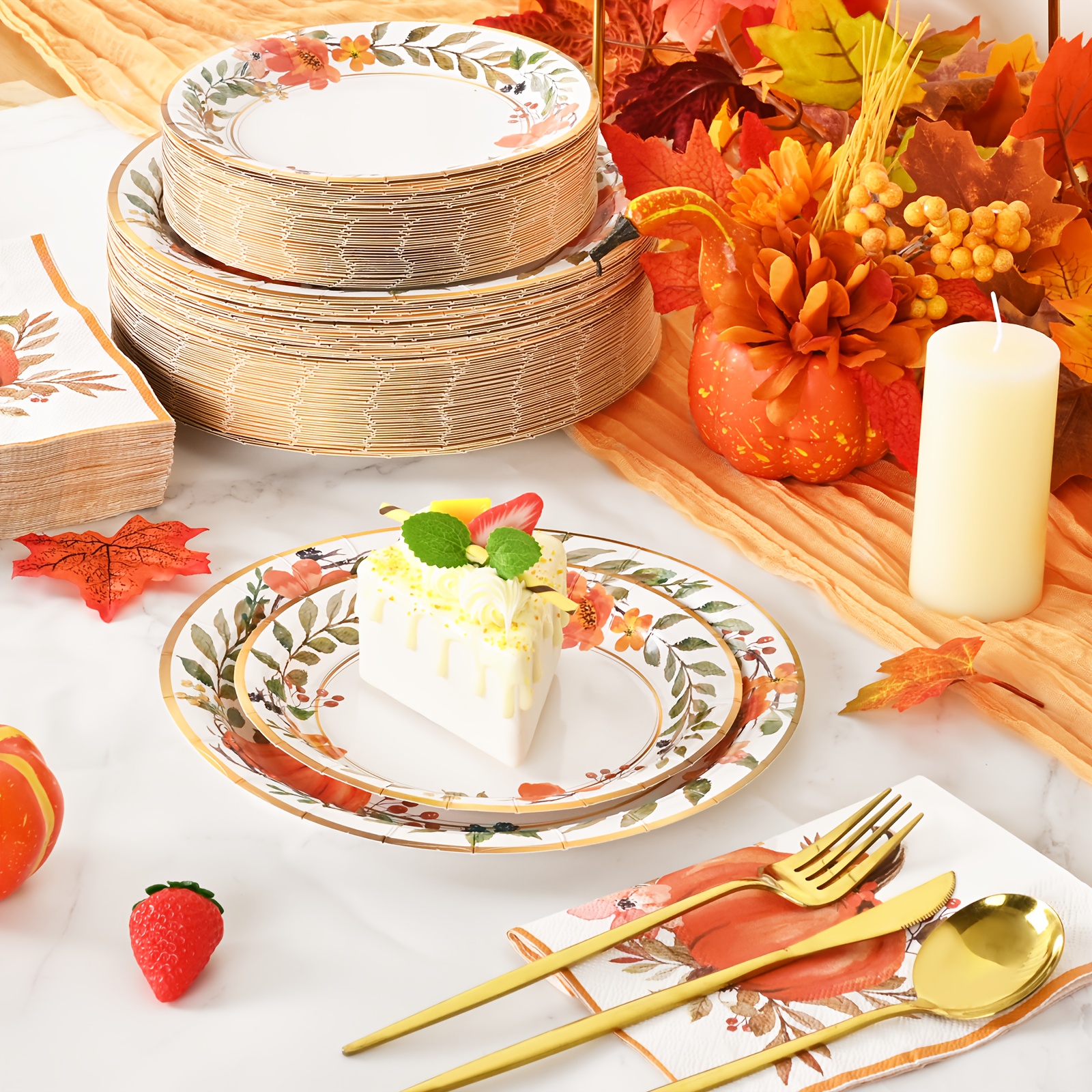 60/180/300pcs Elegant Watercolor Pumpkin Wreath Fall Tableware Set - Autumn Harvest Plates & Napkins in Orange, Brown, Green, Pink, Beige - Bulk Disposable Dinnerware for Thanksgiving, Halloween, Christmas, Weddings, Birthdays, Minimalist Party Decorations (7in & 9in Plates) - Easy Cleanup, Versatile for Casual & Formal Events - Image 10