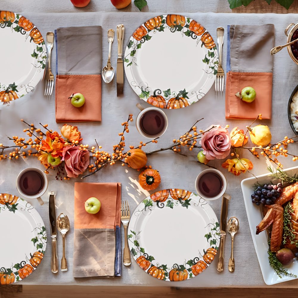 Fall Pumpkin Thanksgiving Autumn Harvest Party Disposable Tableware(60/180/300pcs), Christmas, For Wedding Birthday Celebration, Holiday Party Cartoon Vintage Decoration Set (7in Dessert Plates+9in Dinner Plates+napkins). - Image 13