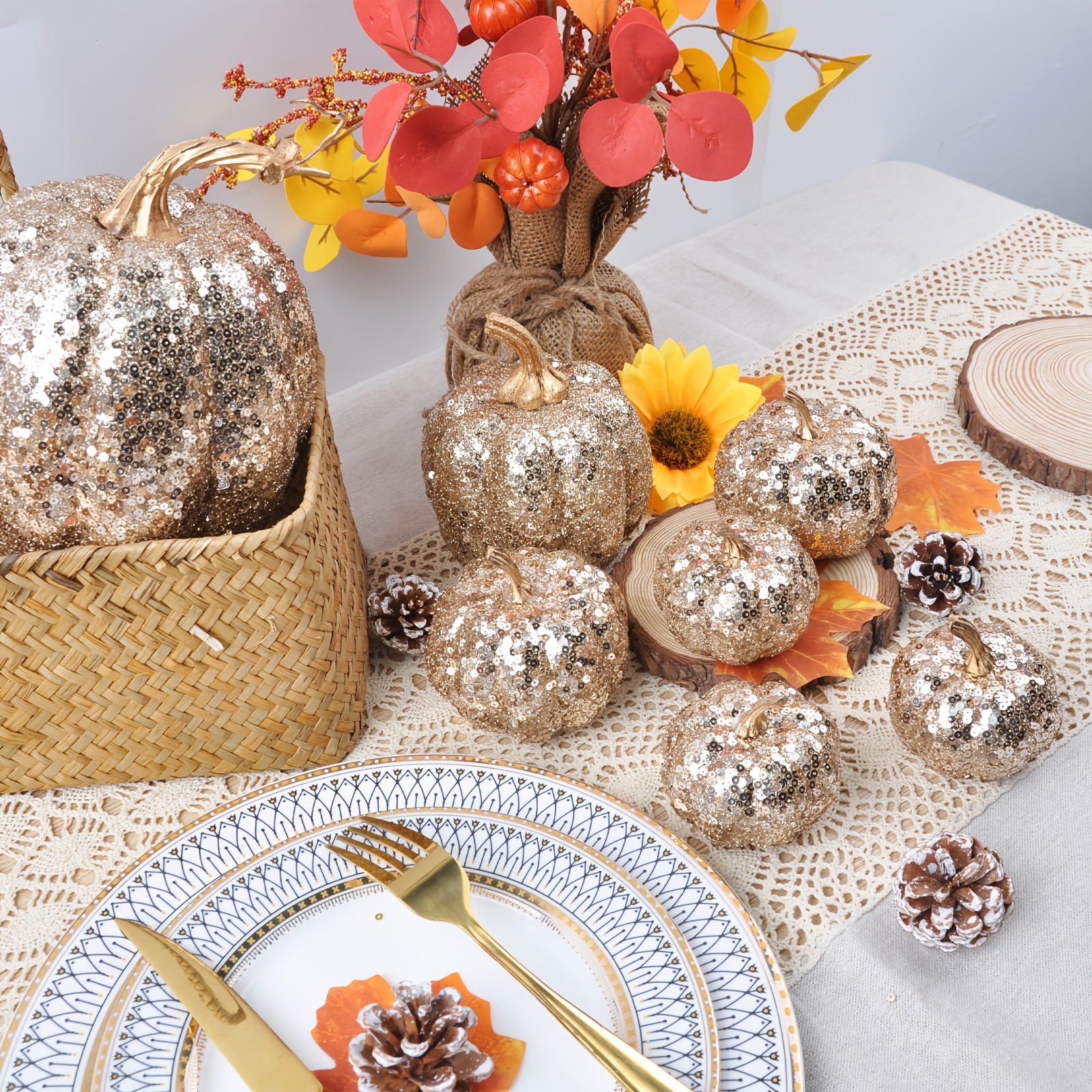 4pcs of Shiny Champagne-Colored Artificial Pumpkins - Multi-Sized Indoor Thanksgiving Decorations, Suitable for Placement on Fireplace Stands And Tabletop Centers, Perfect for Festive Occasions, Essential for Halloween And Christmas Celebrations - Image 7