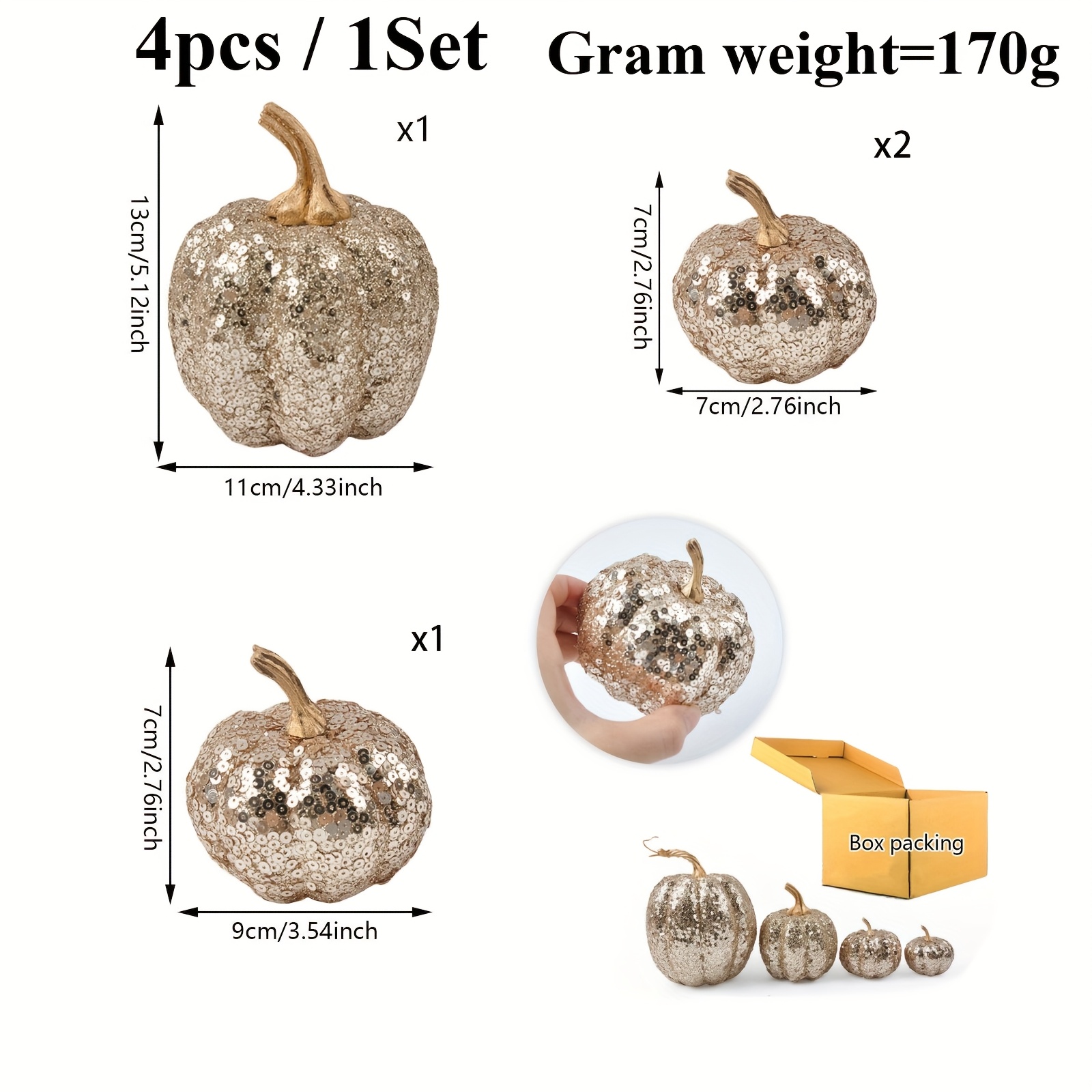 4pcs of Shiny Champagne-Colored Artificial Pumpkins - Multi-Sized Indoor Thanksgiving Decorations, Suitable for Placement on Fireplace Stands And Tabletop Centers, Perfect for Festive Occasions, Essential for Halloween And Christmas Celebrations - Image 3
