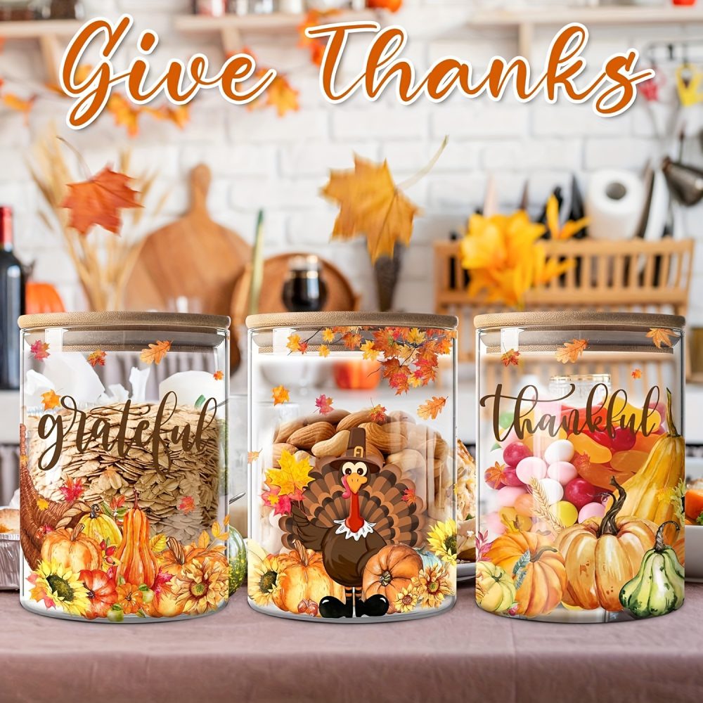 Set of 3 Thanksgiving Glass Storage Jars with Lids - Farmhouse Canisters with Turkey, Pumpkin & Autumn Leaf Patterns, Airtight Snap-Fit Lids, Clear Glass Containers for Fall Kitchen Decor, Pantry Organization, Seasonal Harvest Table Setting - Reusab - Image 2