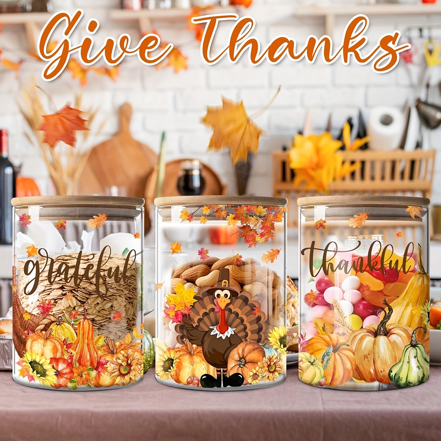 Set of 3 Thanksgiving Glass Storage Jars with Lids - Farmhouse Canisters with Turkey, Pumpkin & Autumn Leaf Patterns, Airtight Snap-Fit Lids, Clear Glass Containers for Fall Kitchen Decor, Pantry Organization, Seasonal Harvest Table Setting - Reusab - Image 2