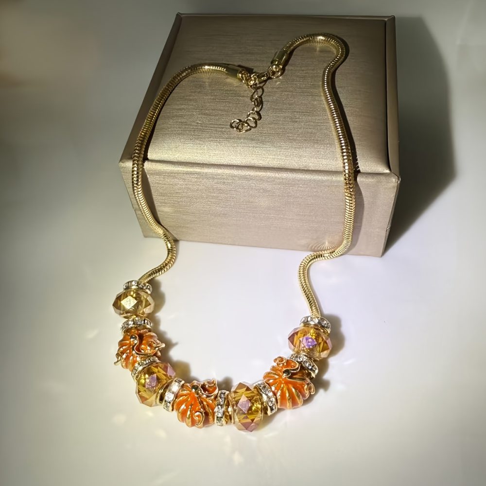 1pc Vintage-Inspired Enamel Pumpkin Beaded Necklace - 18K Golden Plated, Orange & White Glass Beads, Perfect for Thanksgiving & Holiday Parties, Ideal Gift for Women, Festive Accessory|Vintageinspired Design|Zinc Alloy Necklace