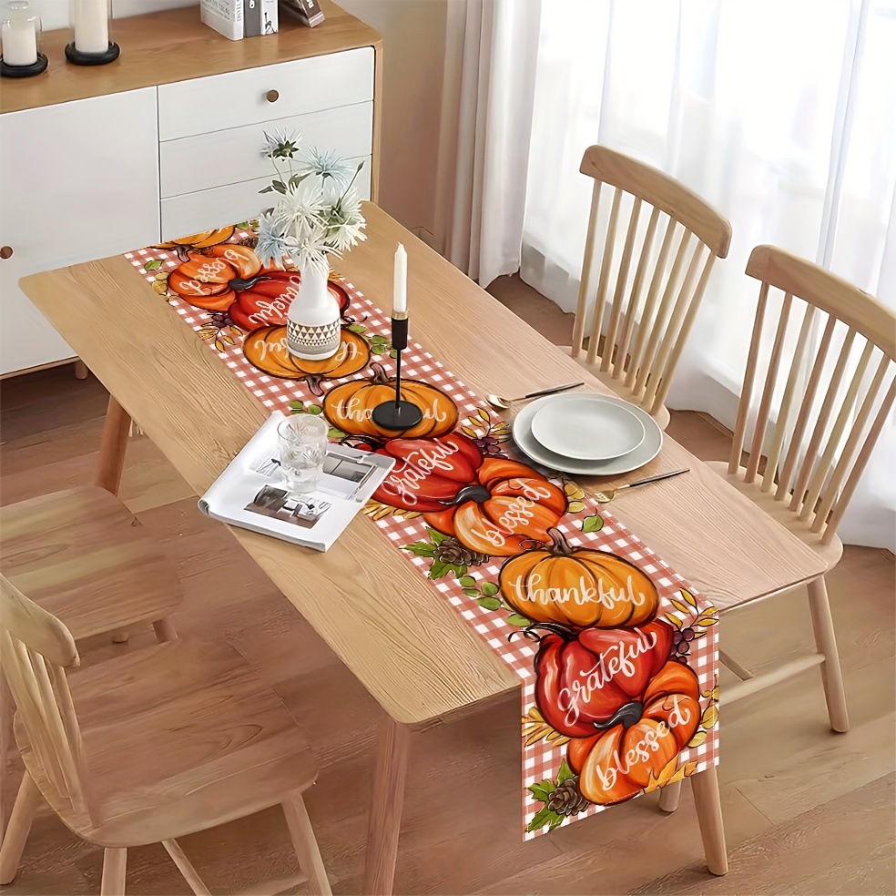 Extra Long Thanksgiving Table Runner - Farmhouse Fall Decor with "Thankful" & "Blessed" in Elegant Cursive Lettering, Orange & Brown Pumpkin Checkered Pattern - Image 4