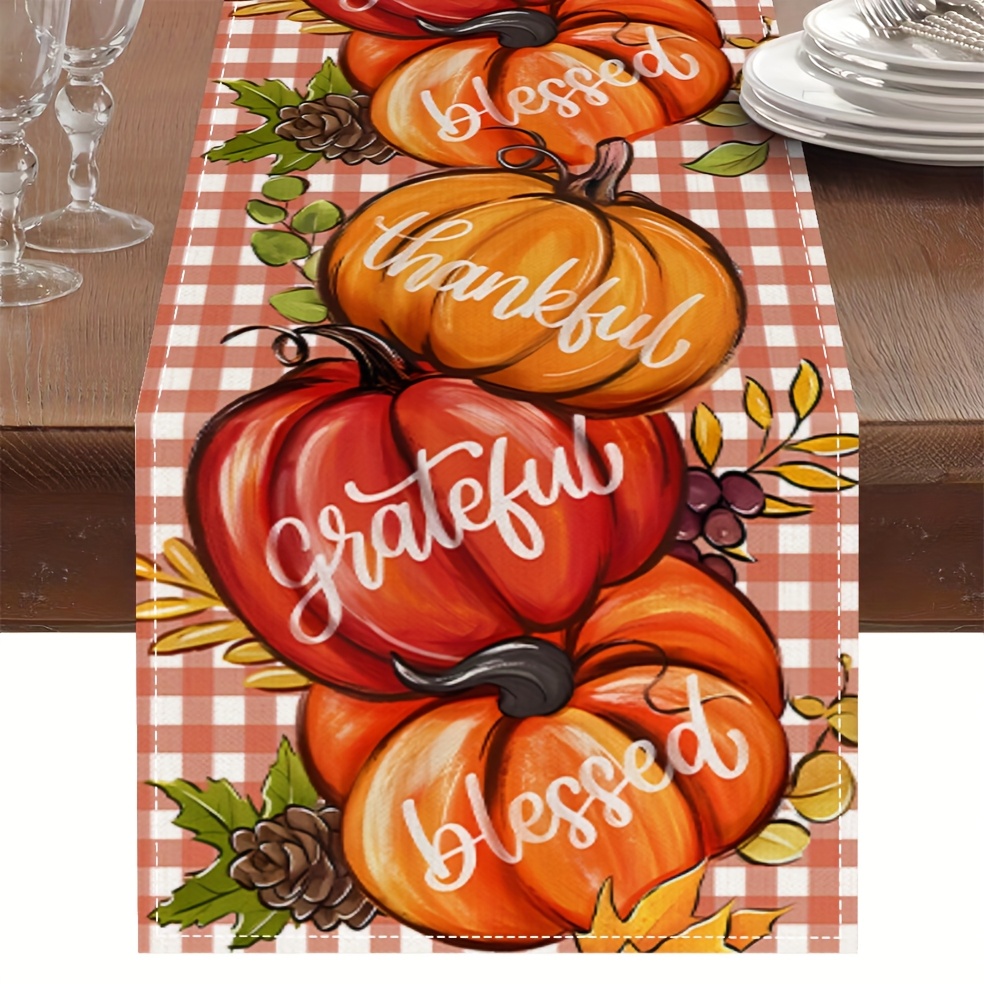 Extra Long Thanksgiving Table Runner - Farmhouse Fall Decor with "Thankful" & "Blessed" in Elegant Cursive Lettering, Orange & Brown Pumpkin Checkered Pattern