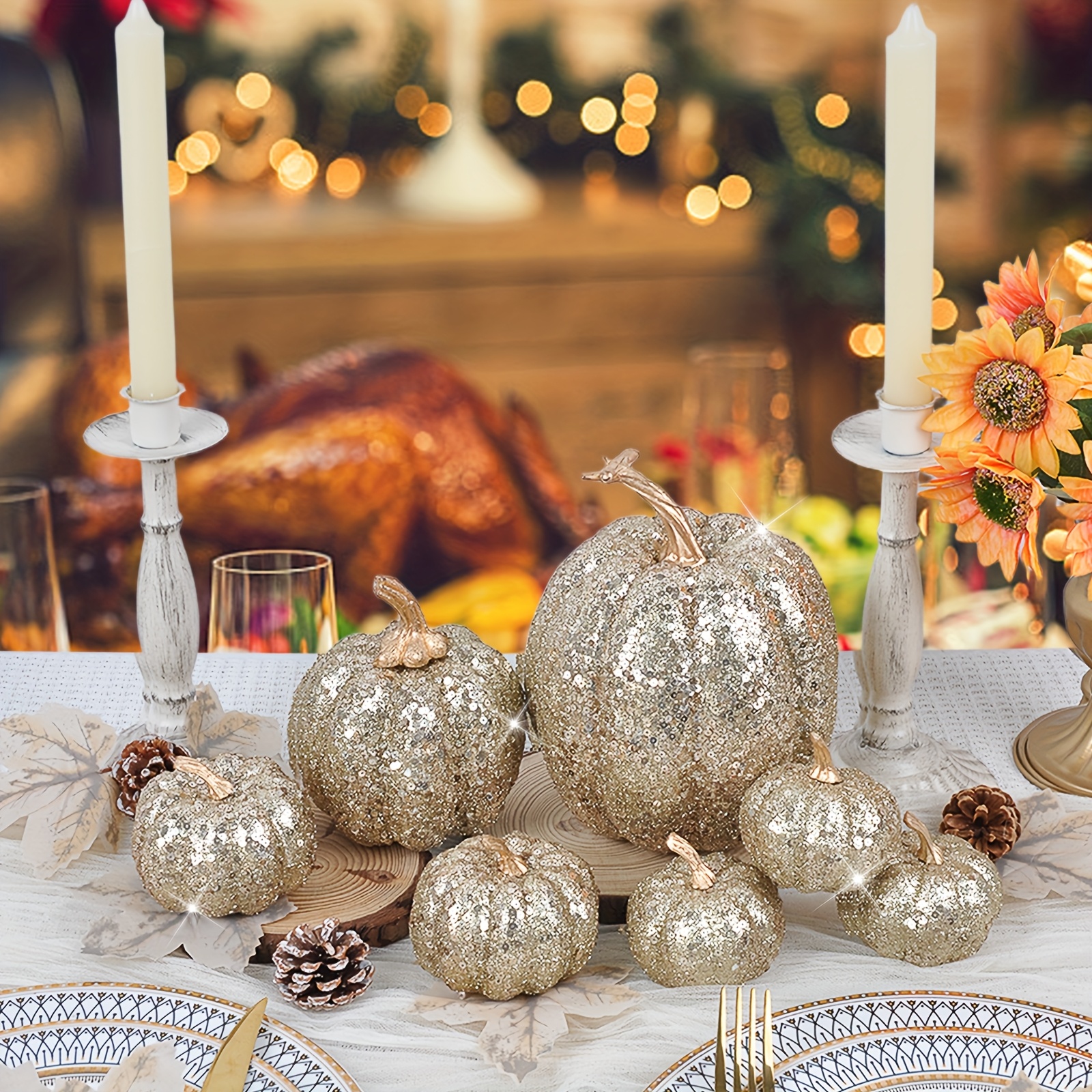 4pcs of Shiny Champagne-Colored Artificial Pumpkins - Multi-Sized Indoor Thanksgiving Decorations, Suitable for Placement on Fireplace Stands And Tabletop Centers, Perfect for Festive Occasions, Essential for Halloween And Christmas Celebrations - Image 6