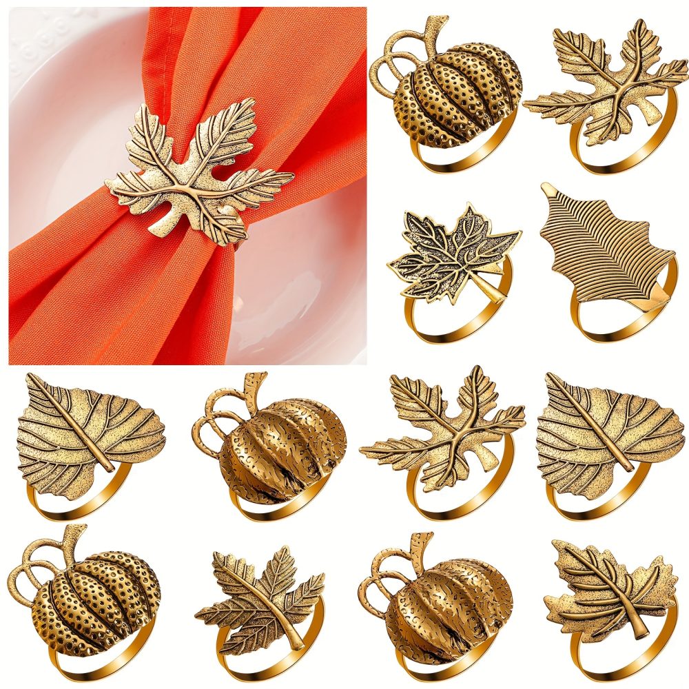 [Thanksgiving Napkin Rings] 12pcs Thanksgiving Napkin Rings Set | Pumpkin Themed, Fall Leaf Design, Alloy Holders for Halloween, Home Party, Table Decor, Wedding Supplies (Classic, Golden)