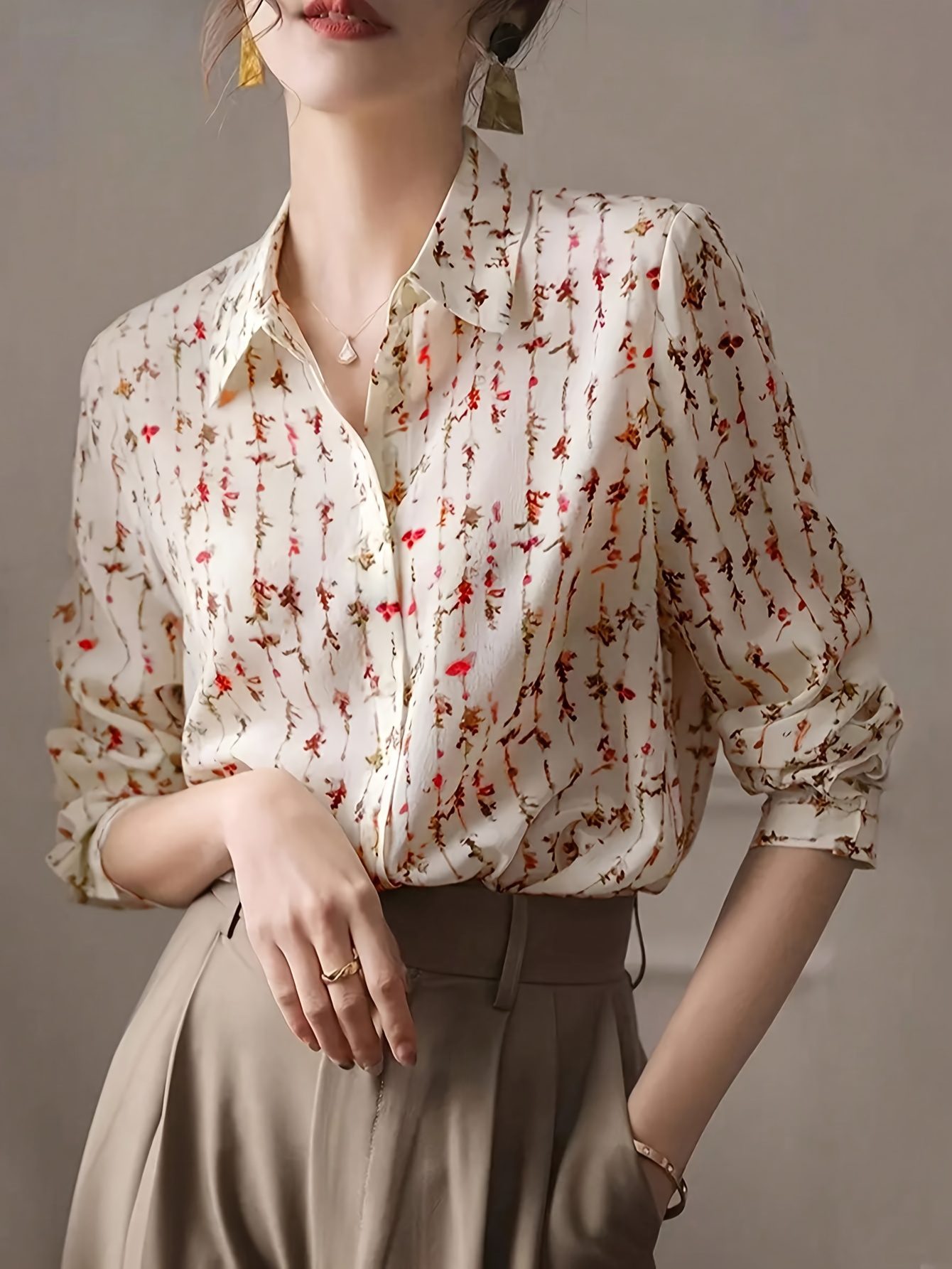Women'S Floral Print Button-Up Blouse with Ruffled Sleeves - Lightweight Polyester Shirt for Spring/Summer/Fall, Beige with Red & White Floral Design, Perfect for Casual or Office Wear, Ladies Blouses