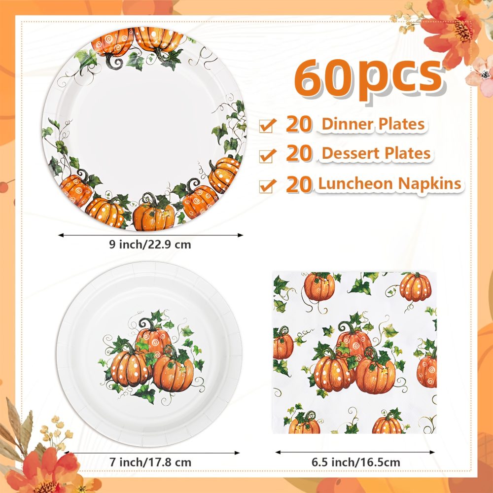 Fall Pumpkin Thanksgiving Autumn Harvest Party Disposable Tableware(60/180/300pcs), Christmas, For Wedding Birthday Celebration, Holiday Party Cartoon Vintage Decoration Set (7in Dessert Plates+9in Dinner Plates+napkins). - Image 6