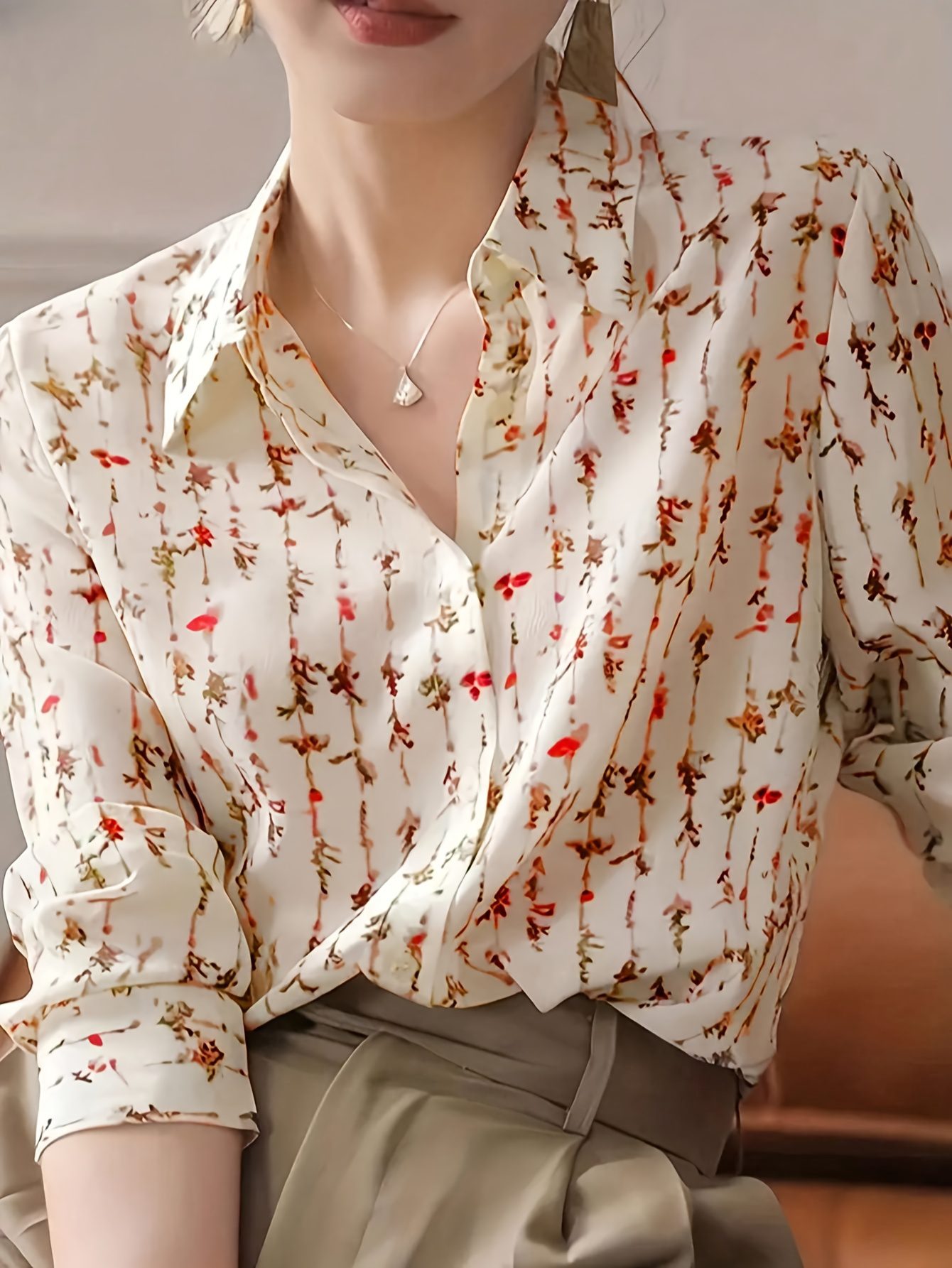 Women'S Floral Print Button-Up Blouse with Ruffled Sleeves - Lightweight Polyester Shirt for Spring/Summer/Fall, Beige with Red & White Floral Design, Perfect for Casual or Office Wear, Ladies Blouses - Image 2