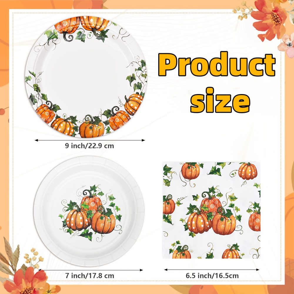 Fall Pumpkin Thanksgiving Autumn Harvest Party Disposable Tableware(60/180/300pcs), Christmas, For Wedding Birthday Celebration, Holiday Party Cartoon Vintage Decoration Set (7in Dessert Plates+9in Dinner Plates+napkins). - Image 4